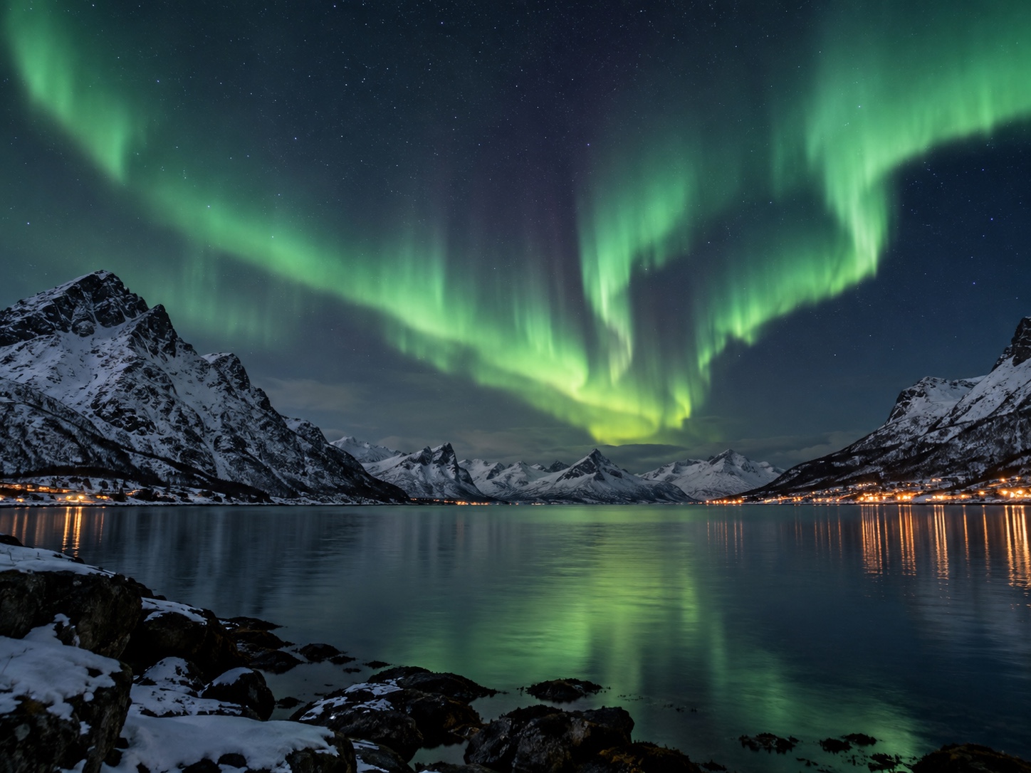 Aurora boreal sobre un fiordo y montañas nevadas cerca de Tromsø, Noruega