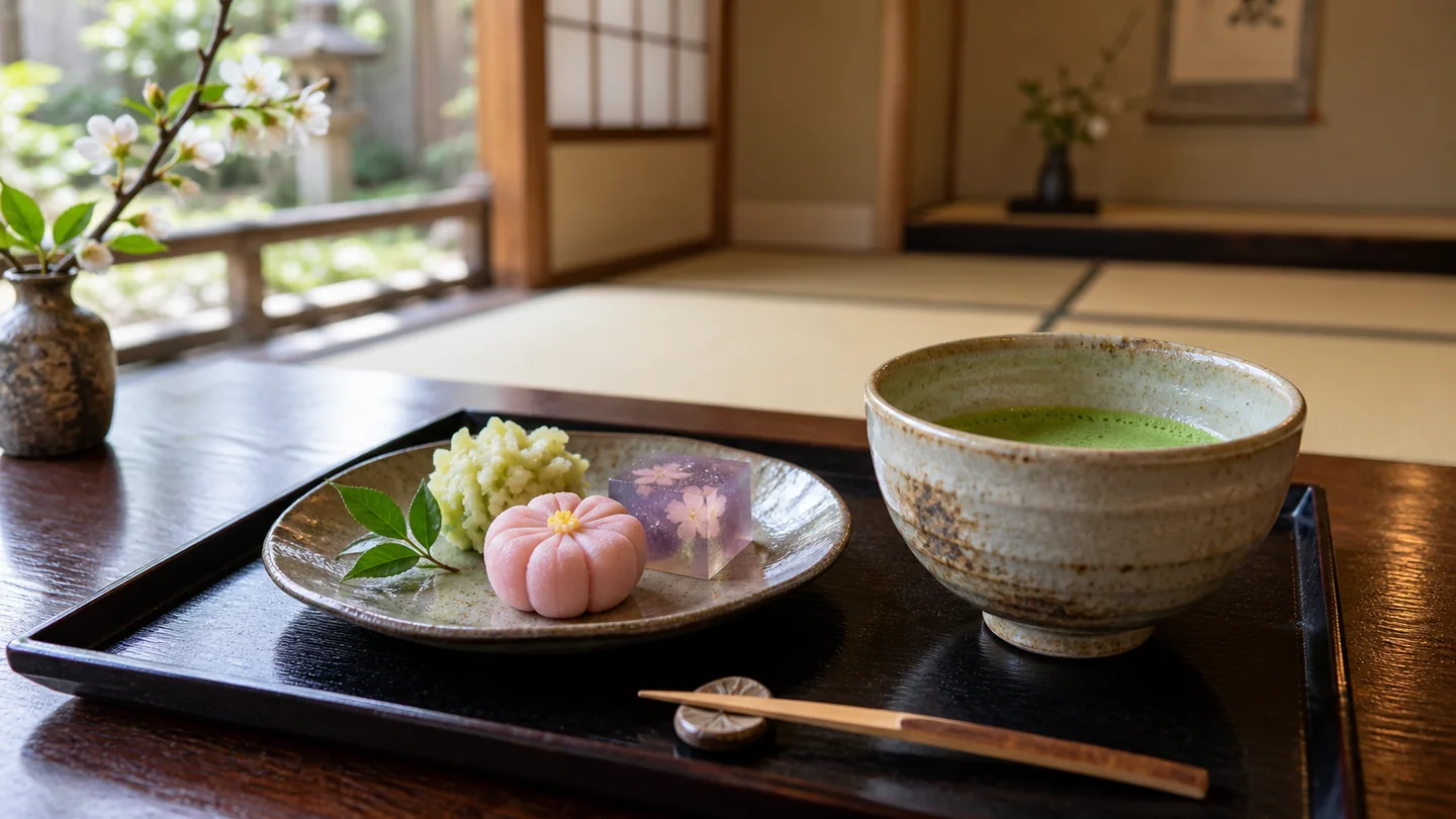 Dulces japoneses wagashi acompañados de matcha en una casa de té de Kyoto.